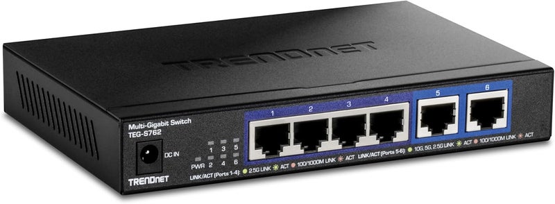 Trendnet 6-Port 10G Switch, 4 x 2.5G RJ-45 Base-T Ports, 2 x 10G RJ-45 Ports, 60Gbps Switching Capacity, Wall Mountable, 10 Gigabit Network Connections, Lifetime Protection, Black, TEG-S762 - Image 1